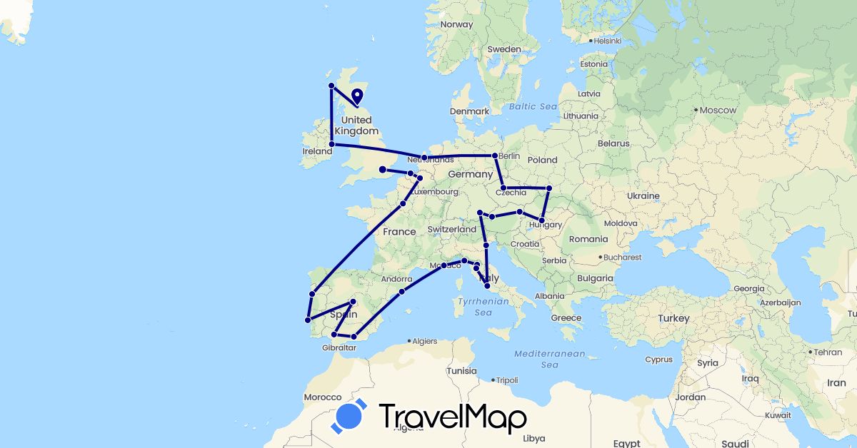 TravelMap itinerary: driving in Austria, Belgium, Czech Republic, Germany, Spain, France, United Kingdom, Hungary, Ireland, Italy, Netherlands, Poland, Portugal (Europe)